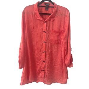 Ali Miles Sz XL Crinkle Texture Shirt Peach Lagenlook Tunic Long Sleeve Artsy